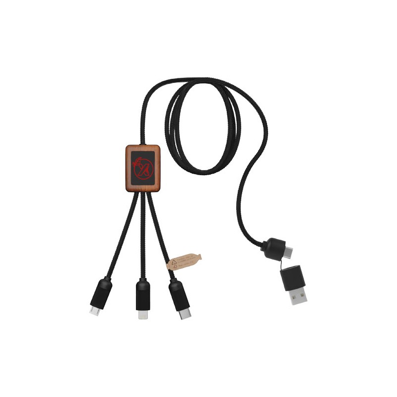 SCX.design C38 kabel do ładowania z podświetlanym logo 5-w-1 rPET i z kwadratową drewnianą obudową